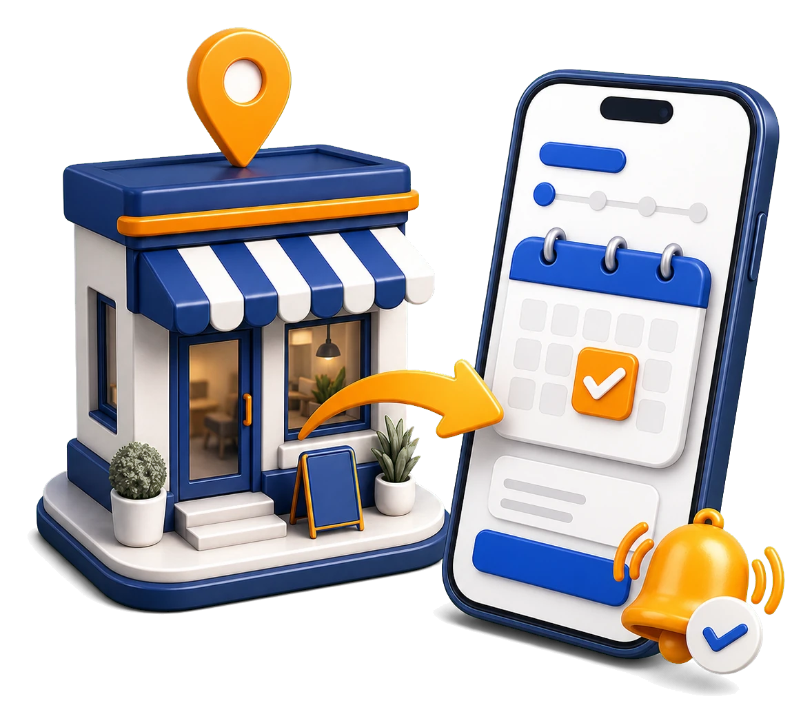 店舗からスマートフォンの予約完了までを表す立体イラスト